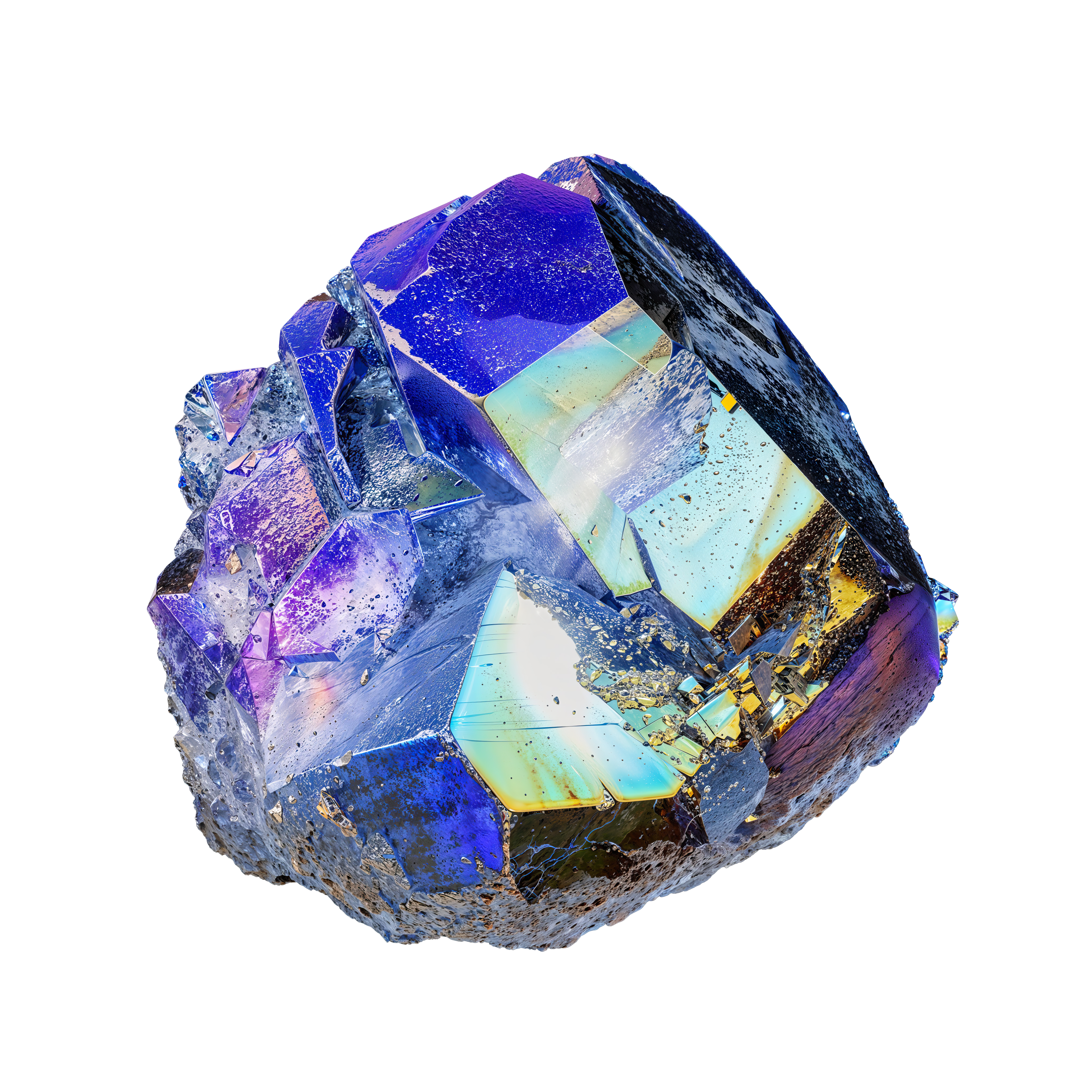 A vibrant, iridescent crystal cluster with a mix of deep blue, purple, and golden hues, featuring sharp, angular facets and a textured surface. The crystal is set against a plain white background, highlighting its vivid colors and intricate details.
